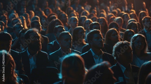 A crowd of people are sitting in a dark room. Scene is one of anticipation and excitement
