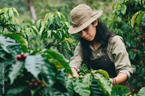 A woman is picking coffee berries in a lush green field. She is wearing a hat and apron