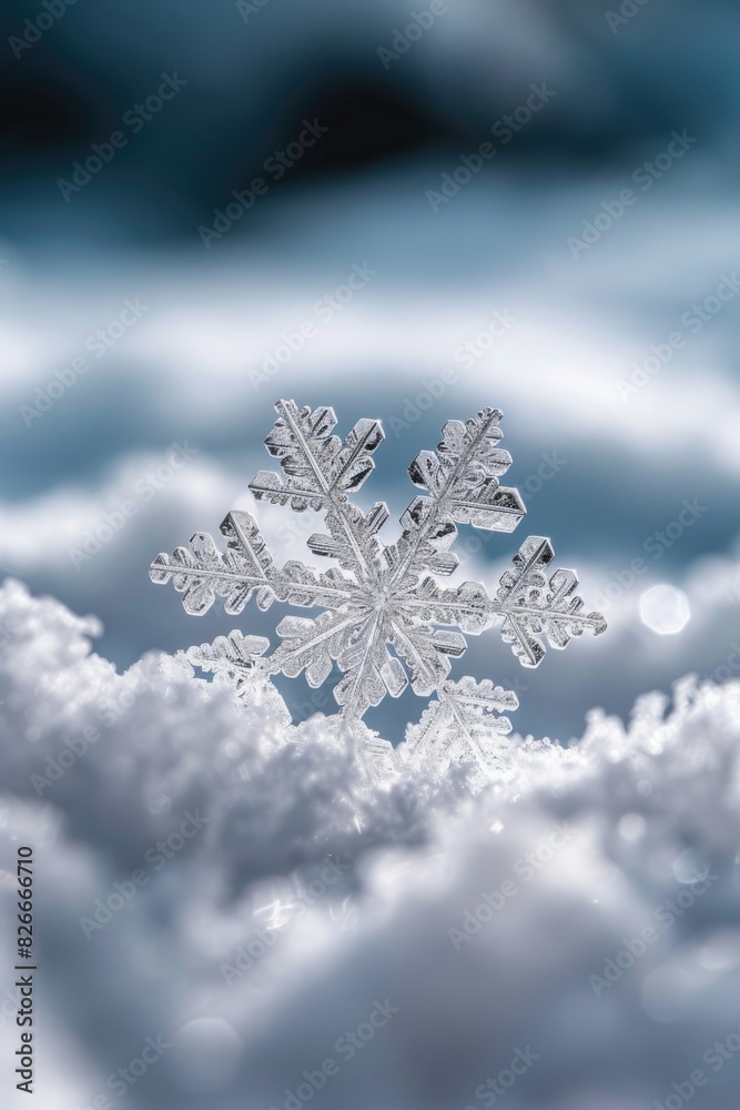 A snowflake is sitting on top of a snow covered hill. The snowflake is the only thing visible in the image