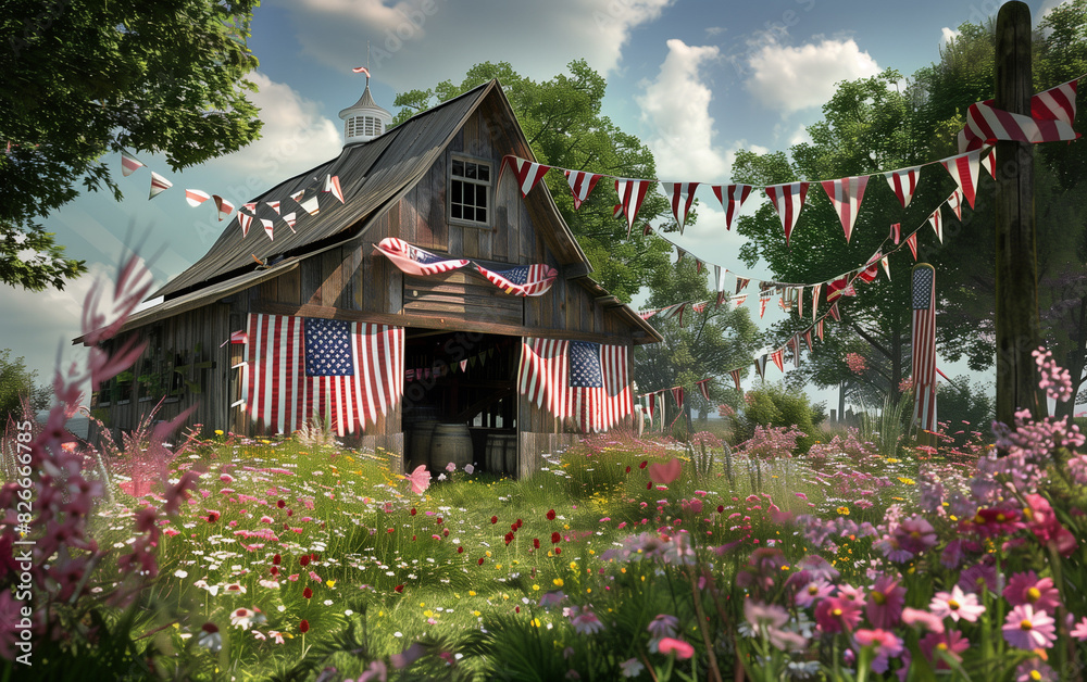A rustic barn decorated with American flags and bunting, surrounded by wildflowers. A rustic barn decorated with American flags and bunting, surrounded by wildflowers.