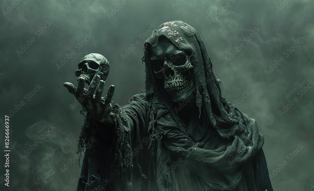 Grim Reaper Holding Out Hand Against Dark Misty Background in Horror Movie Style Grim Reaper Holding Out Hand Against Dark Misty Background in Horror Movie Style