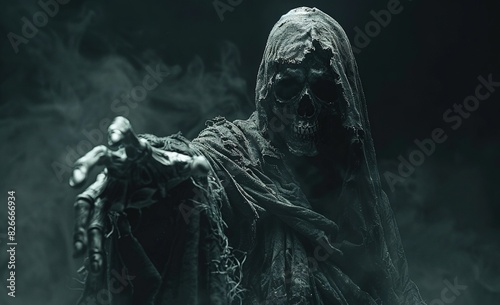 Grim Reaper Holding Out Hand Against Dark Misty Background in Horror Movie Style