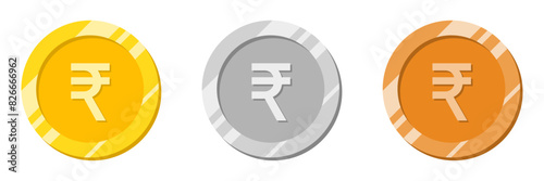 Rupees coin in golden color. Indian currency with shiny effect vector illustration in gold, silver and bronze color. Rupee coin vector.
