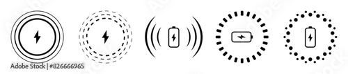 Fast charging and wireless charging icon set of five in black color. Wireless charger concept. Wireless charging modern icons. Phone charge simple signs. Vector illustration.