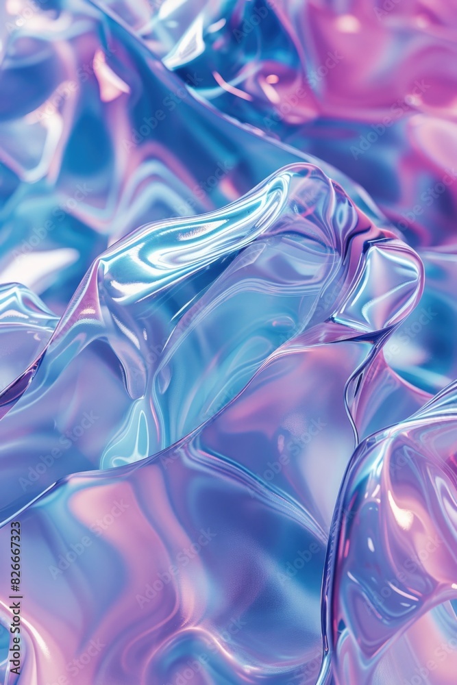Obraz premium A shiny, iridescent blue and purple fabric with a wave pattern. The fabric is reflective and has a metallic sheen
