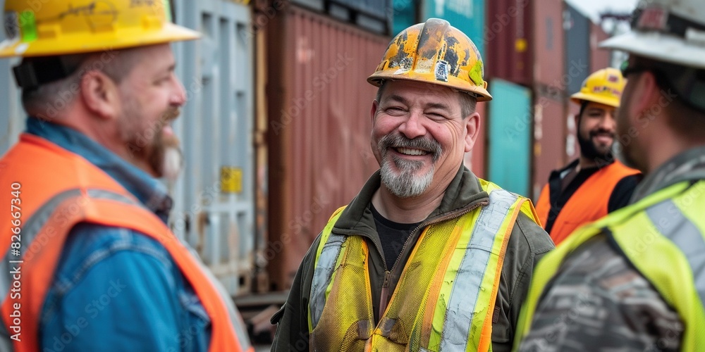 Smiling Middle-Aged Men in Safety Vests and Hard Hats Next to Shipping Containers in Busy Port Smiling Middle-Aged Men in Safety Vests and Hard Hats Next to Shipping Containers in Busy Port
