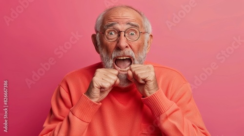 Excited Senior Promoter Shouting Out Irresistible Discount Offers on Pink Background © Mickey