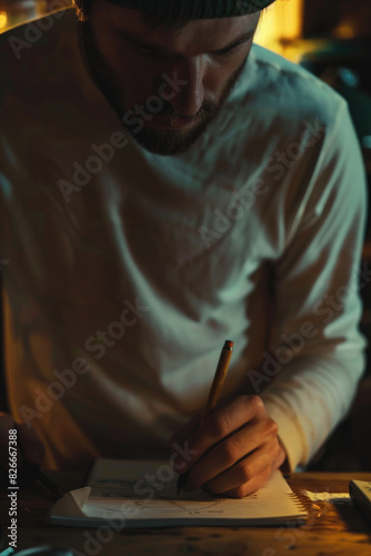 A man is writing in a notebook with a pencil. He is wearing a white shirt and a beanie. Concept of focus and concentration as the man writes. The setting appears to be a dimly lit room