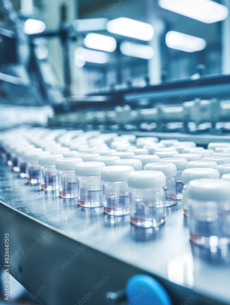 A conveyor belt with many bottles on it. The bottles are clear and white A conveyor belt with many bottles on it. The bottles are clear and white