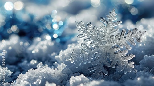 A snowflake is sitting on top of the snow. The snow is white and the sky is blue © vefimov