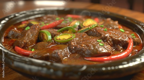 A bowl of beef stew with green peppers and onions. The dish is rich and hearty, with a spicy kick from the peppers. The presentation is simple and inviting, with the meat