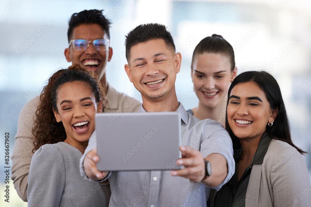 Selfie, tablet and group of colleagues, smile and memory for collaboration in project and office. Employees, men and women in agency, team building and photography of journalist and business meeting Selfie, tablet and group of colleagues, smile and memory for collaboration in project and office. Employees, men and women in agency, team building and photography of journalist and business meeting