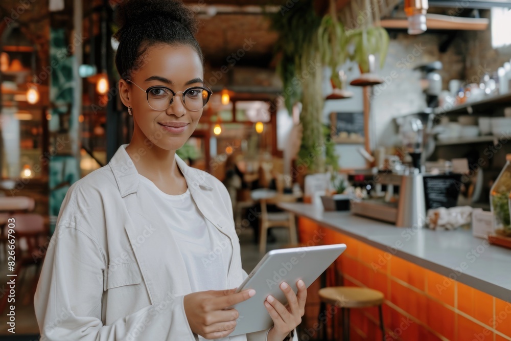 A woman wearing glasses and a white jacket is holding a tablet in a restaurant. She is smiling and she is enjoying her time