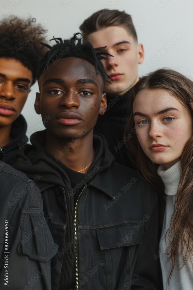 A group of people are standing together, one of them wearing a black jacket. Scene is casual and friendly, as the group appears to be posing for a photo together A group of people are standing together, one of them wearing a black jacket. Scene is casual and friendly, as the group appears to be posing for a photo together