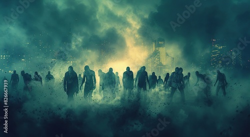 A large group of zombies silhouette with Arms Raised Against Foggy Abandoned City Background