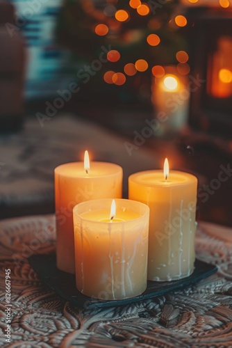 Three candles are lit and placed on a table. The candles are yellow and the table is made of wood. Scene is warm and cozy, as the candles create a soft