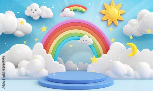 3D cartoon vector colorful rainbow podium background with clouds, sun and moon for product presentation in the style of product presentation. children's products presentation or mockup.
