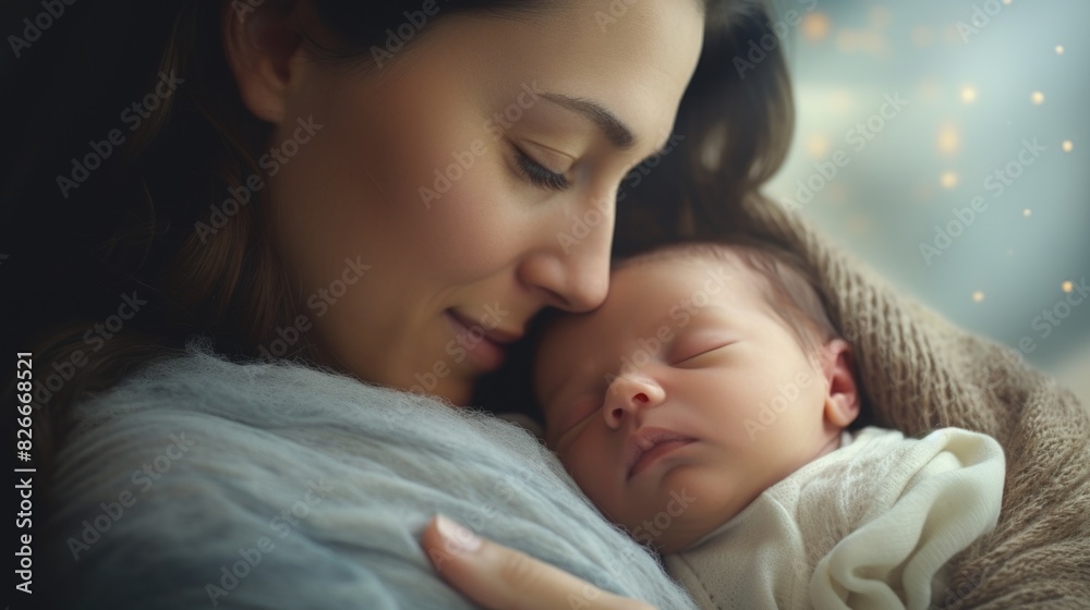 A woman is holding a sleeping baby in her arms. The baby is wrapped in a blanket and he is very peaceful. Concept of warmth and love between the mother and child A woman is holding a sleeping baby in her arms. The baby is wrapped in a blanket and he is very peaceful. Concept of warmth and love between the mother and child
