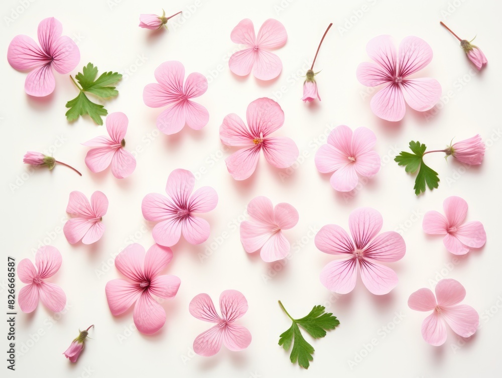 A close up of pink flowers and green leaves. The flowers are scattered throughout the image, with some overlapping each other. Scene is one of beauty and tranquility, as the delicate pink petals A close up of pink flowers and green leaves. The flowers are scattered throughout the image, with some overlapping each other. Scene is one of beauty and tranquility, as the delicate pink petals