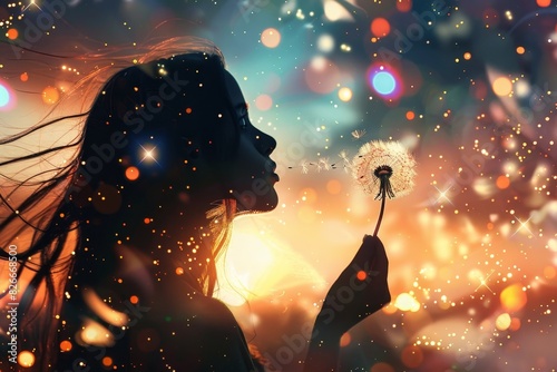 Dandelion Wishes: A Woman's Quiet Moment of Reflection Under the Sparkling Night Sky photo