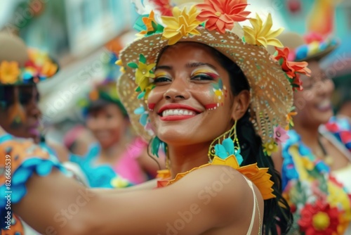 A woman wearing a flowery hat and colorful makeup is smiling. She is surrounded by other people in colorful clothing
