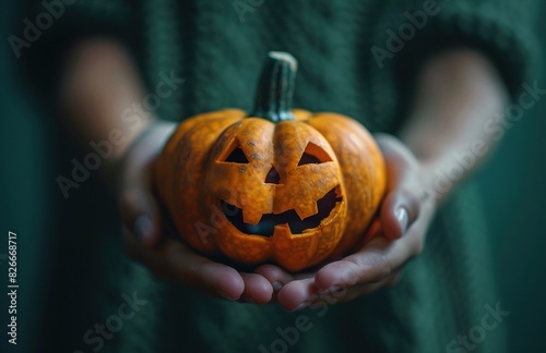 Person Holding Small Jack o' Lantern Pumpkin with Dark Green Background, Unsplash Style Photography