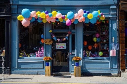 A festive storefront decorated with balloons and banners announcing a grand opening or special sale.
