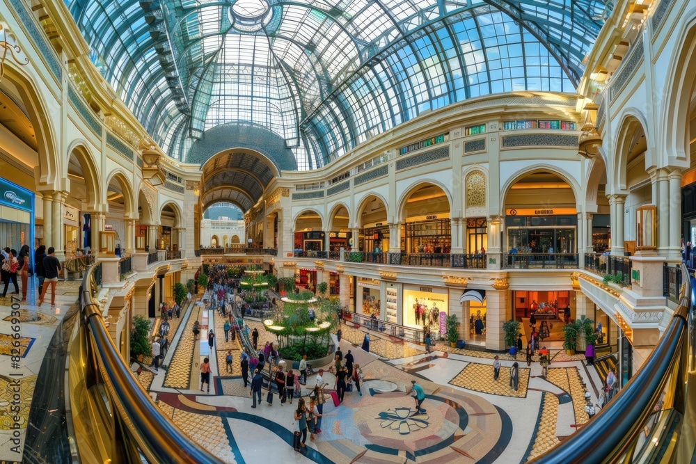 Fototapeta premium A panoramic view of a busy shopping mall with excited customers browsing and making purchases.