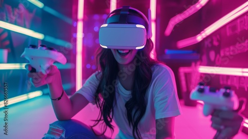 The woman with VR headset photo