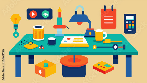 A table filled with different tools and materials ready for kids to use in their 3D printing projects.. Vector illustration