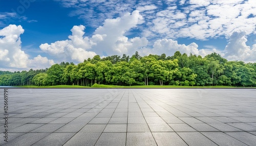 empty square floor and green forest with sky clouds background panoramic view