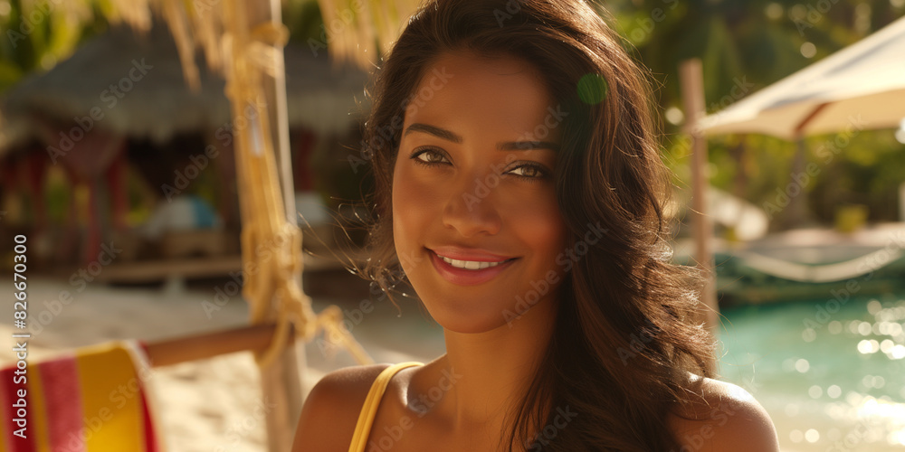 Naklejka premium Portrait einer jungen Frau im Urlaub blickt lächelnd in die Kamera und ist Glücklich