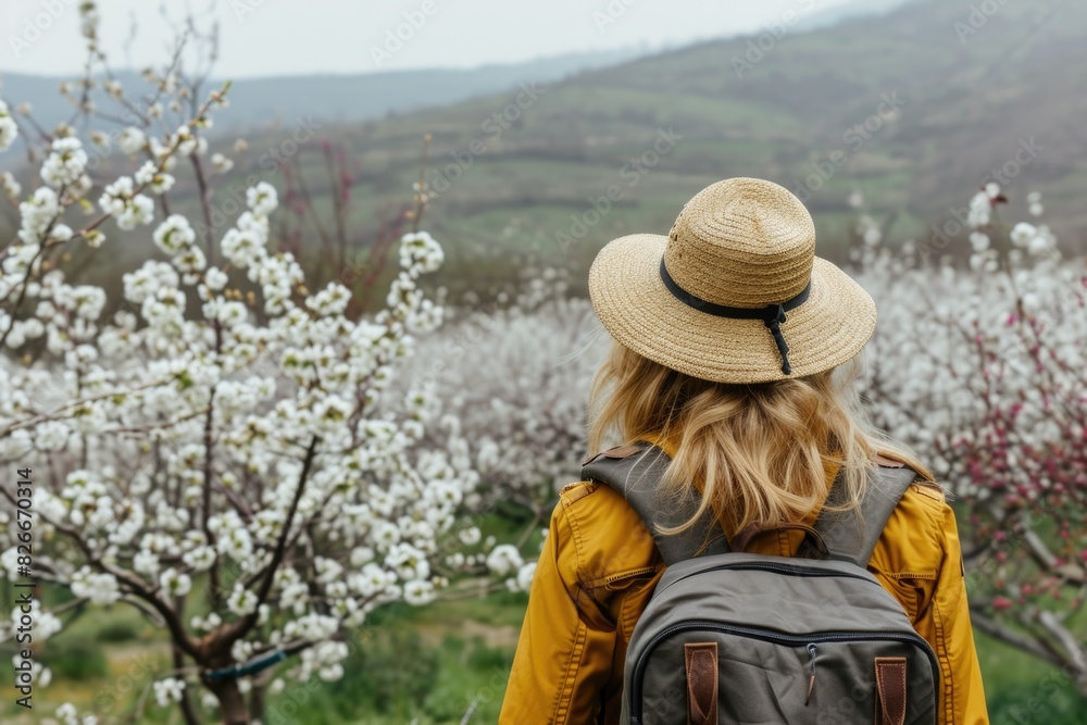 A woman wearing a straw hat and a yellow jacket is walking through a field of white flowers. She is carrying a backpack and she is enjoying the scenery
