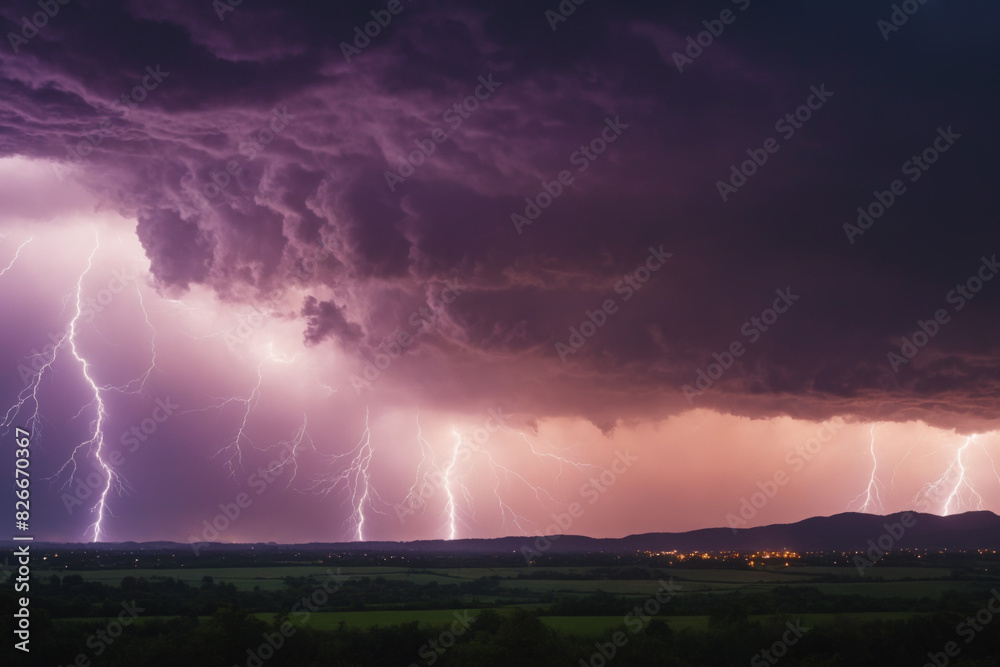 A powerful storm with lightning illuminating in the dark sky. Dramatic view of heavy destructive thunderstorm in the field. Concept of natural disasters, weather change, cataclysms. A powerful storm with lightning illuminating in the dark sky. Dramatic view of heavy destructive thunderstorm in the field. Concept of natural disasters, weather change, cataclysms.