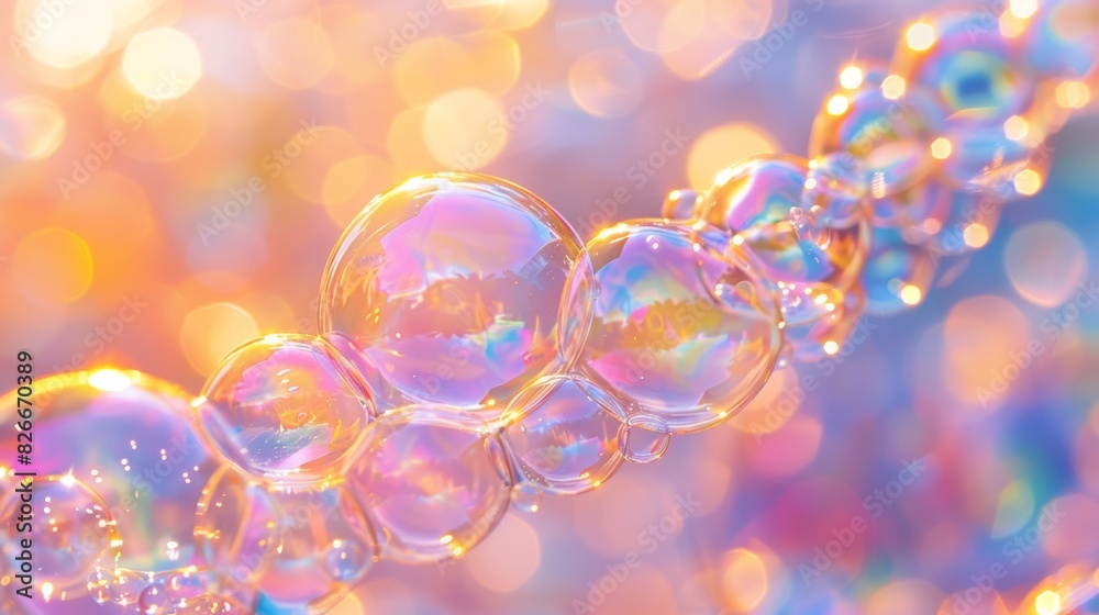 A close-up of a bubble wand releasing a stream of bubbles, with the focus on the shimmering, translucent surface of the largest bubble.