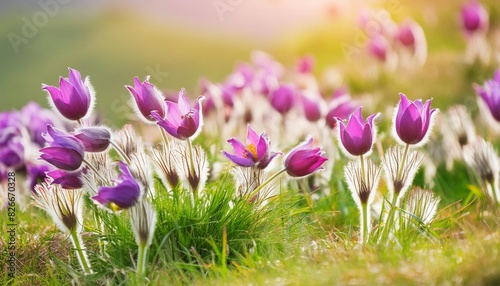 spring background with flowers in meadow pasque flower pulsatilla grandis photo