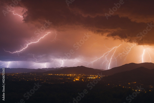 A powerful storm with lightning illuminating in the dark sky. Dramatic view of heavy  destructive thunderstorm approaching the night city. Concept of natural disasters  weather changes  cataclysms.