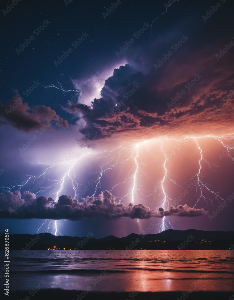 A powerful storm with lightning illuminating in the dark sky. Dramatic view of heavy destructive thunderstorm on the sea or ocean. Concept of natural disasters, weather change, cataclysms.	