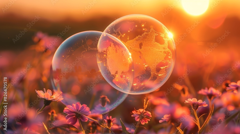 A close-up of a single bubble floating effortlessly above a field of wildflowers, with the setting sun casting a warm glow. A close-up of a single bubble floating effortlessly above a field of wildflowers, with the setting sun casting a warm glow.