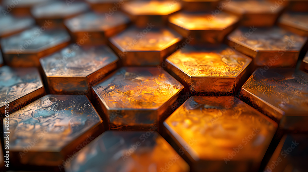 Copper Hexagon: A Close-up of a Shiny and Textured Copper Geometric Shape Copper Hexagon: A Close-up of a Shiny and Textured Copper Geometric Shape