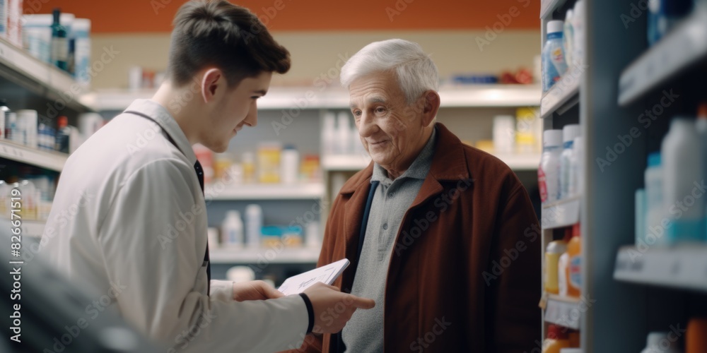A man in a white coat is talking to an older man in a red coat in a pharmacy A man in a white coat is talking to an older man in a red coat in a pharmacy