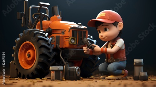 A photo of a 3D character inspecting and maintaining tractor photo