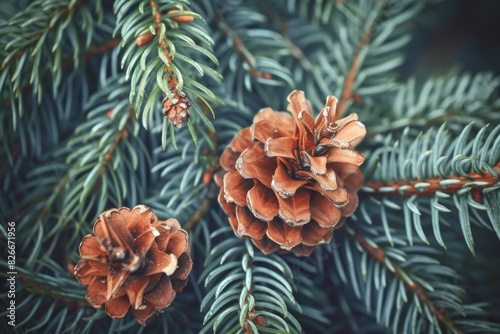 Two pine cones are on a tree branch. The pine cones are brown and appear to be drying out