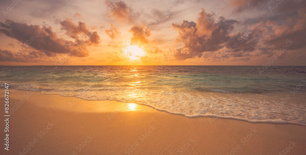 Peaceful closeup sea sand sky beach. Beautiful tranquil nature landscape. Inspire calm tropical beach seascape wave horizon. Colorful panoramic sunset relaxing summer pattern. Vacation travel tourism