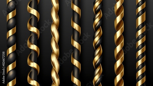 A series of gold and black spiral-shaped objects. The gold and black colors create a sense of luxury and elegance