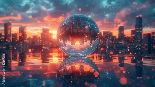 A surreal scene of a cityscape reflected in a bubble floating in the air, blending reality with fantasy and highlighting the power of imagination. © MAY