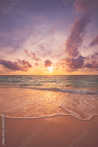 Fototapeta Naklejka Na Ścianę i Meble -  Peaceful closeup sea sand sky beach. Beautiful tranquil nature landscape. Inspire calm tropical beach seascape wave horizon. Colorful panoramic sunset relaxing summer pattern. Vacation travel tourism