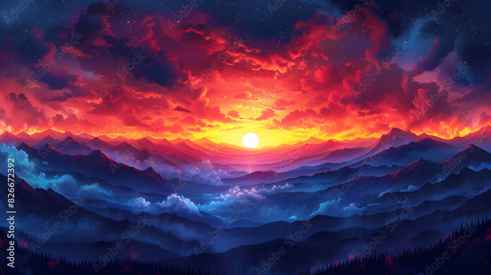 Fiery Sunset with Dark Silhouette of Mountains: A Dramatic and Majestic Scene Fiery Sunset with Dark Silhouette of Mountains: A Dramatic and Majestic Scene