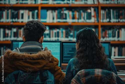 Two people are sitting at a table in a library, looking at their laptops. The man is wearing a brown jacket and the woman has long hair