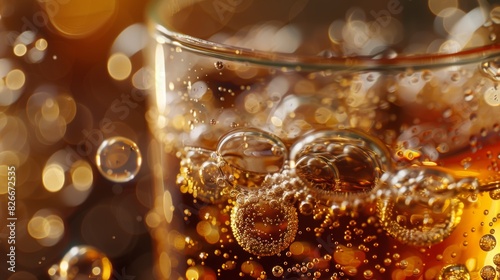 Bubbles floating on the surface of a glass of sparkling water, with tiny bubbles clinging to the sides of the glass.